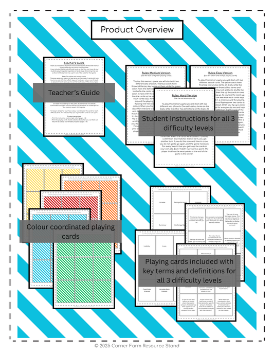 Financial Literacy Key Terms Memory Game (3 Difficulty Levels) - grade 7/8