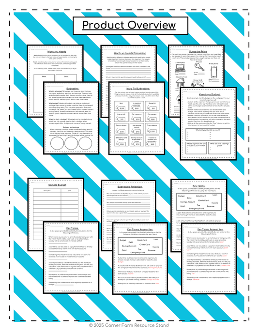 Introduction to Financial Literacy (Budgeting, Wants vs. Needs Worksheets) 5/6
