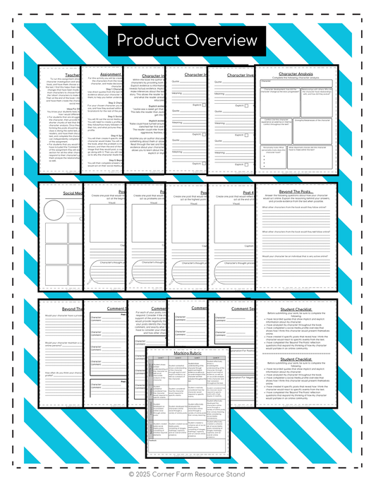 Social Media Character Analysis - Any Book Novel Study Assignment (Grade 7/8)