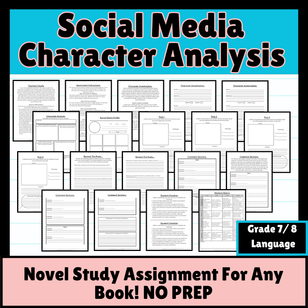 Social Media Character Analysis - Any Book Novel Study Assignment (Grade 7/8)