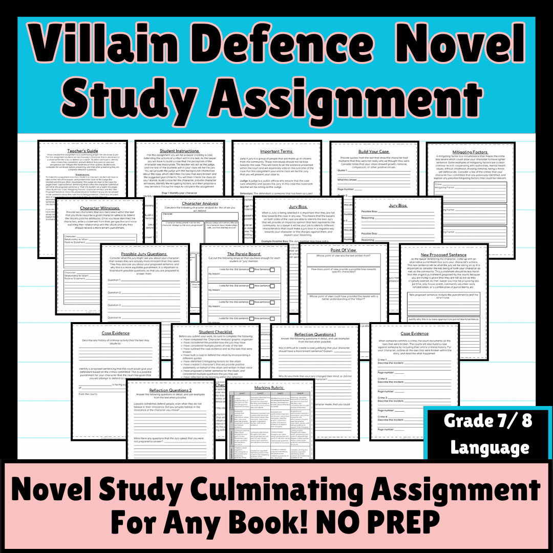 Villain Defence Any Book Novel Study Culminating Assignment (Grade 7/8)
