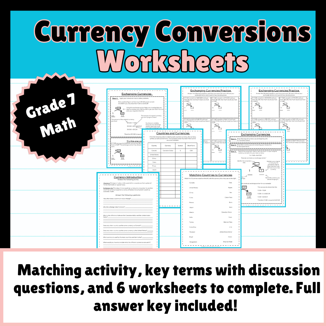 Currency Conversions Financial Literacy - Worksheets! (Grade 7)