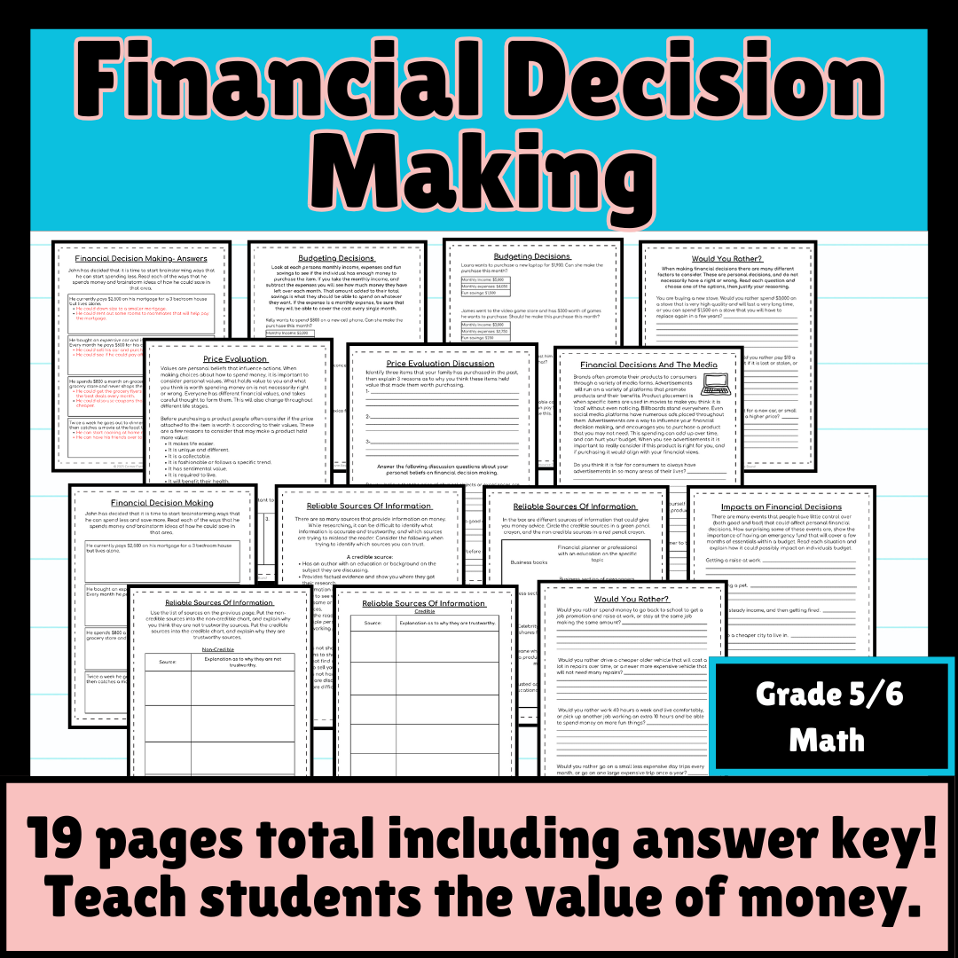 Making Financial Decisions (Money Math worksheets) Gr. 5/6