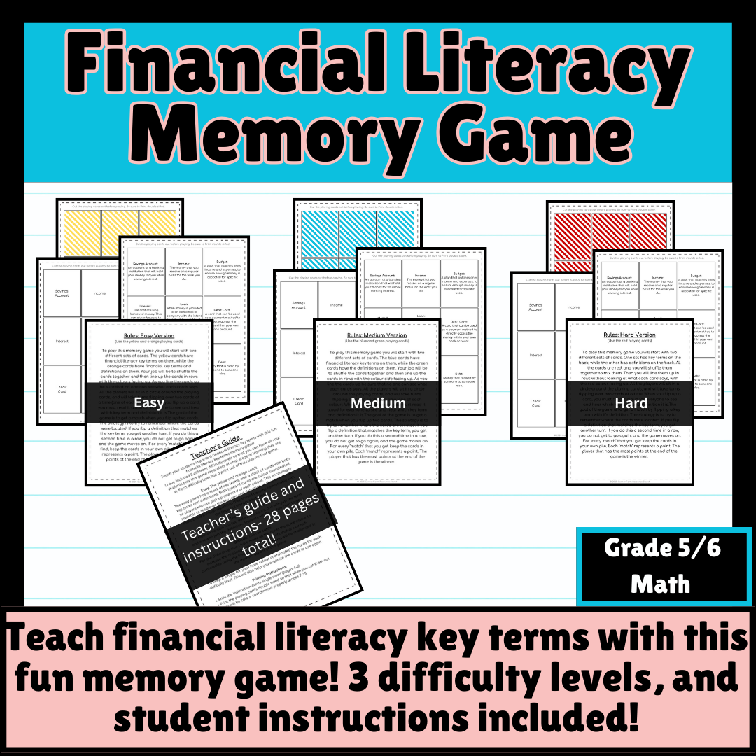 Financial Literacy Memory Game (Key Terms and Definitions) - gr. 5/6
