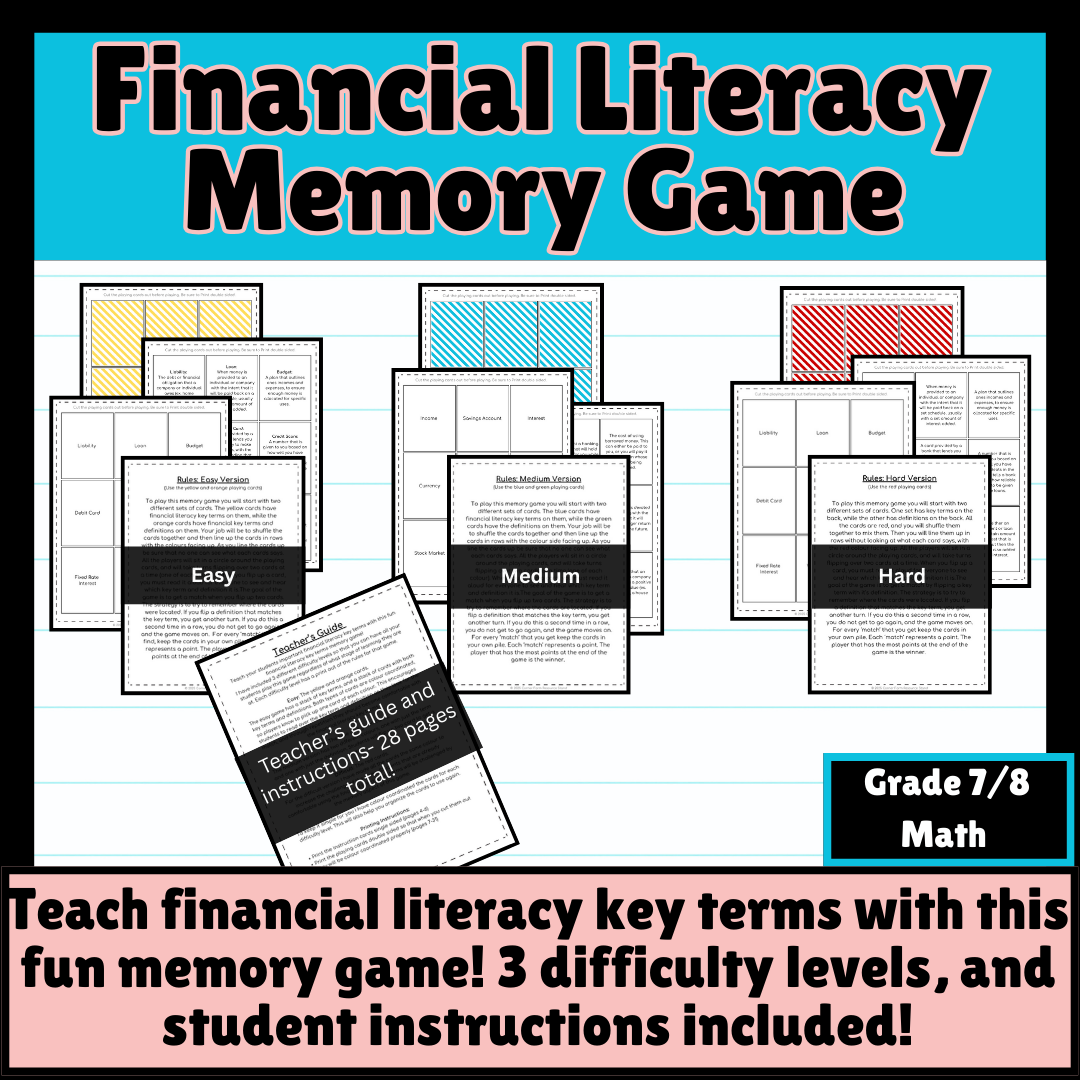 Financial Literacy Key Terms Memory Game (3 Difficulty Levels) - grade 7/8