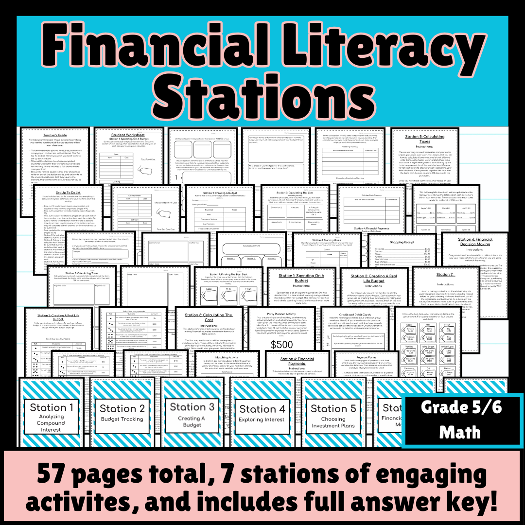 Financial Literacy Stations Gr. 5/6 (Budgeting, Taxes, Financial Decisions)