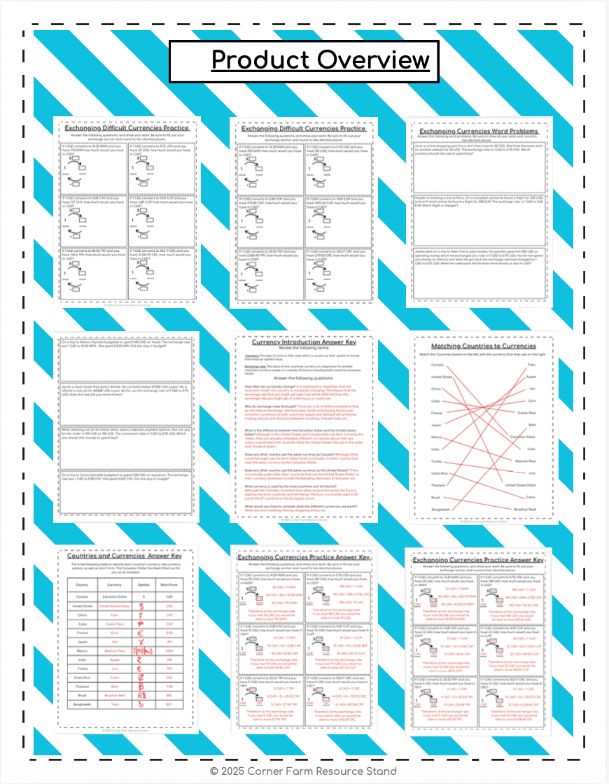Currency Conversions Financial Literacy - Worksheets! (Grade 7)
