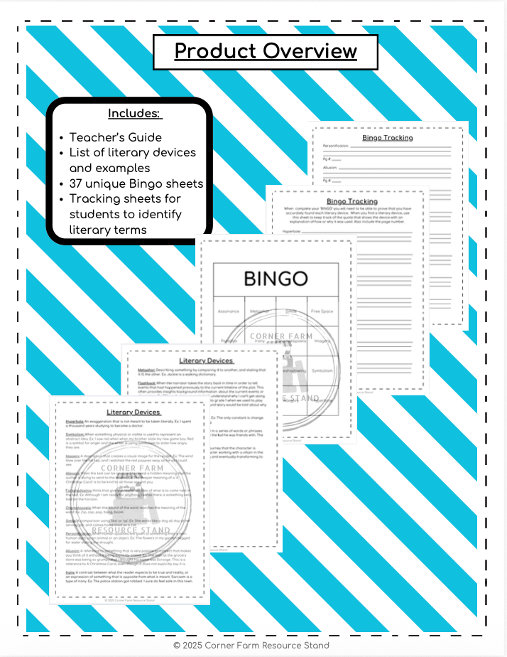 Literary Devices Bingo (For Any Novel Study) Grade 7/8