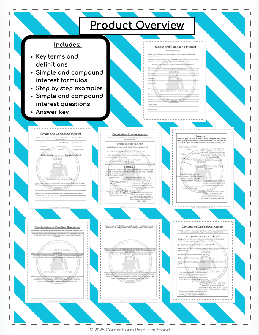 Calculating Simple and Compound Interest Financial Literacy Worksheets