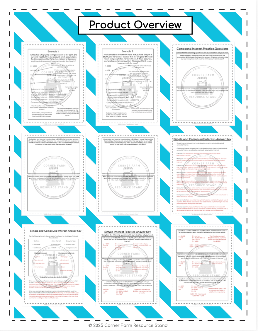 Calculating Simple and Compound Interest Financial Literacy Worksheets