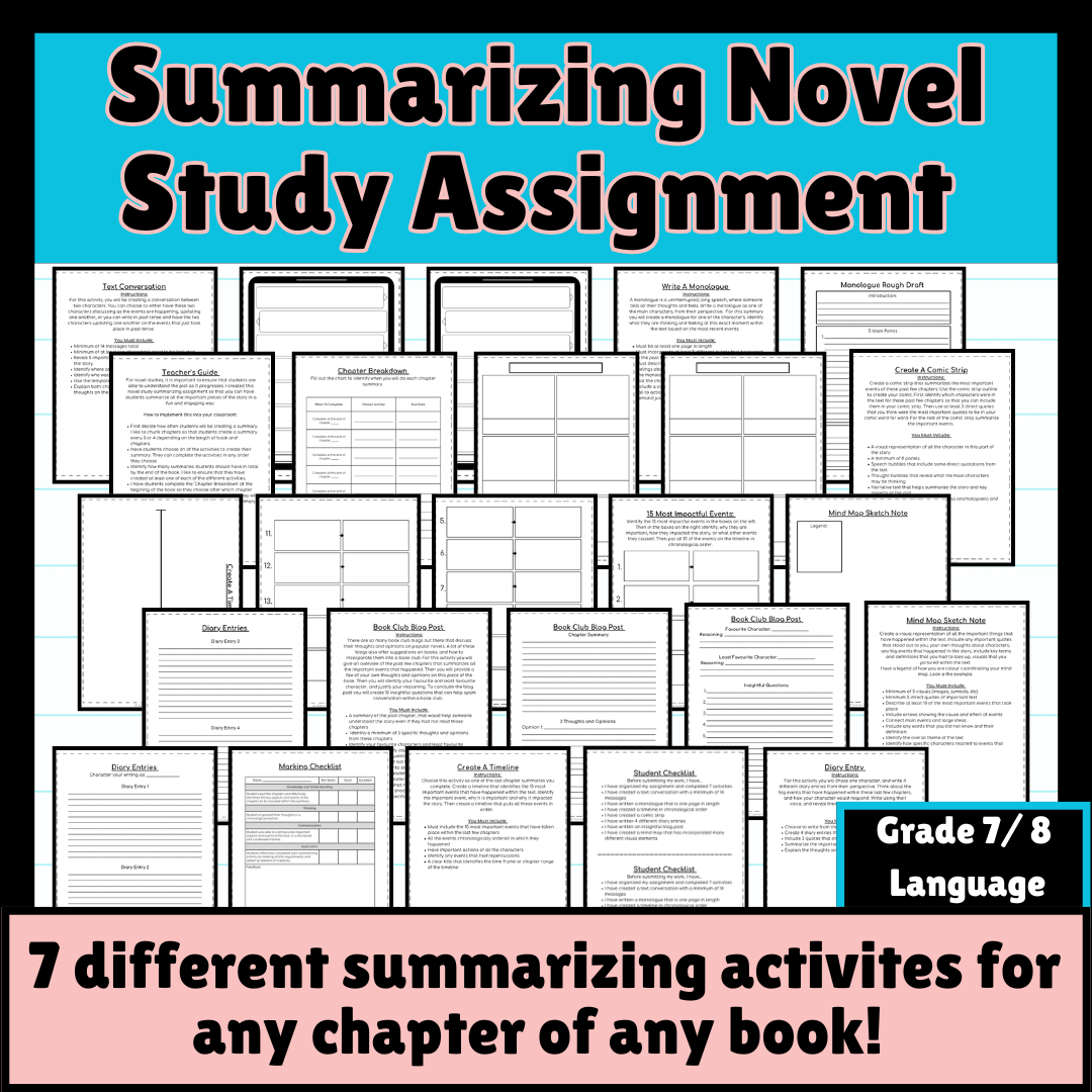 Summarizing Any Book Novel Study Assignment (Grade 7/8) Marking Tools Included