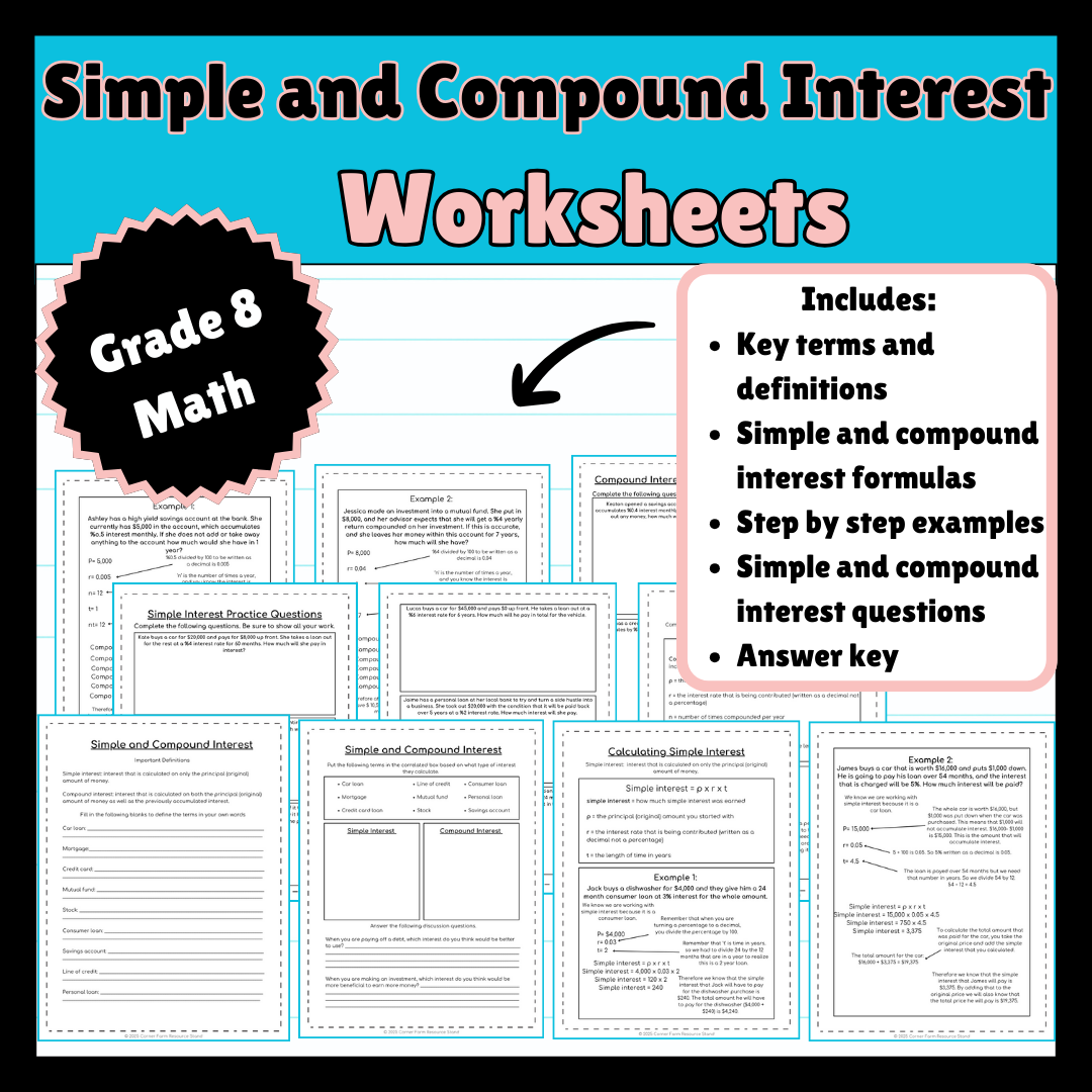 Calculating Simple and Compound Interest Financial Literacy Worksheets